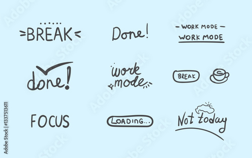 set doodle illustrations for break time. word means the same as the English title. The illustrations have elements of doodles, stars, sparkles, hearts, decorations, frames, speech bubbles. yep oops.