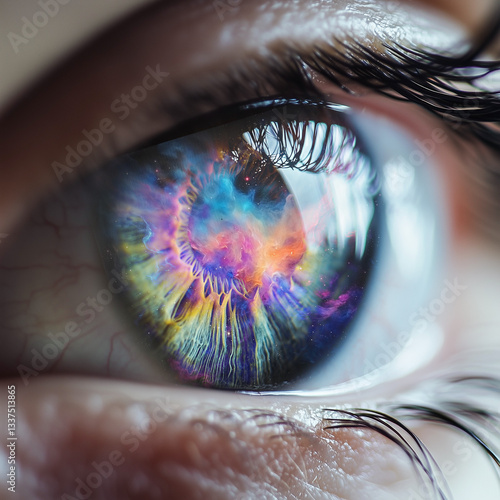 The human eye, in close-up, showing a coloured galaxy