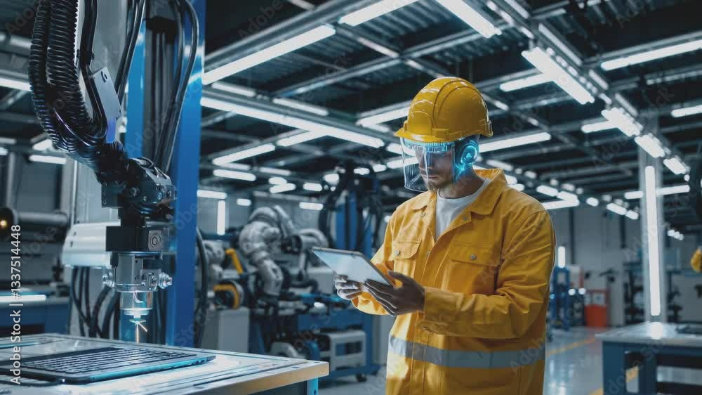 Technician monitors robotic production line. Advanced manufacturing facility with precision industrial equipment and digital control systems. Technician monitors robotic production line. Advanced manufacturing facility with precision industrial equipment and digital control systems.