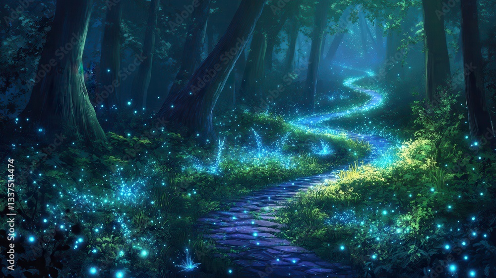 Enchanting Firefly Path Through a Magical Forest at Night Enchanting Firefly Path Through a Magical Forest at Night