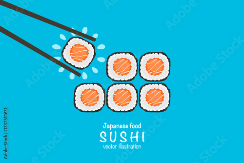 Set of various types of sushi vector, delicious food, popular Japanese food, sushi roll, 6 pieces of maki sushi, salmon filling, simple and modern style, for use as sushi illustration, Japanese food.
