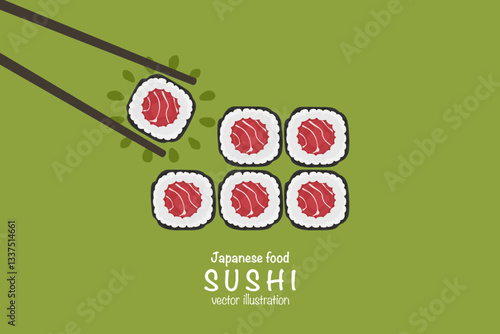 Set of various types of sushi vector, delicious food, popular Japanese food, sushi roll, 6 pieces of maki sushi, tuna filling, simple and modern style, for use as sushi illustration, Japanese food
