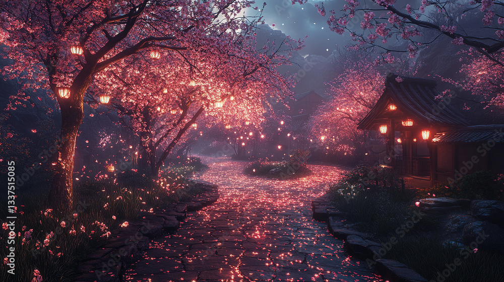 Fototapeta premium Enchanting cherry blossom pathway tranquil garden digital art serene atmosphere peaceful perspective