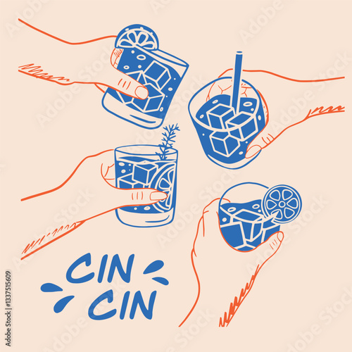 Cheers! Hand-Drawn Cocktail Illustration,A stylish and modern hand-drawn illustration of four hands holding different cocktails with ice cubes, citrus slices, and garnishes