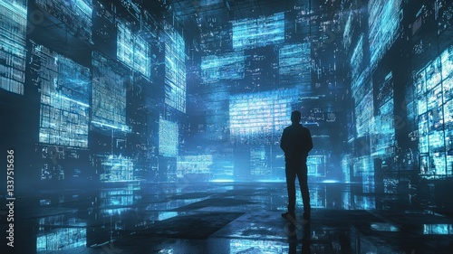 Anonymous hacker in a dark room surrounded by glowing holographic screens with cryptic data. Cyber security and futuristic technology concept.

