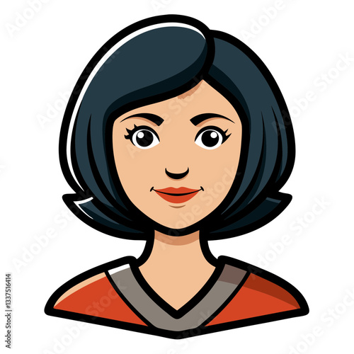 A portrait of an attractive woman, with short black hair and a warm smile, looking at the viewer directly. This vector illustration has a clean and modern design.
