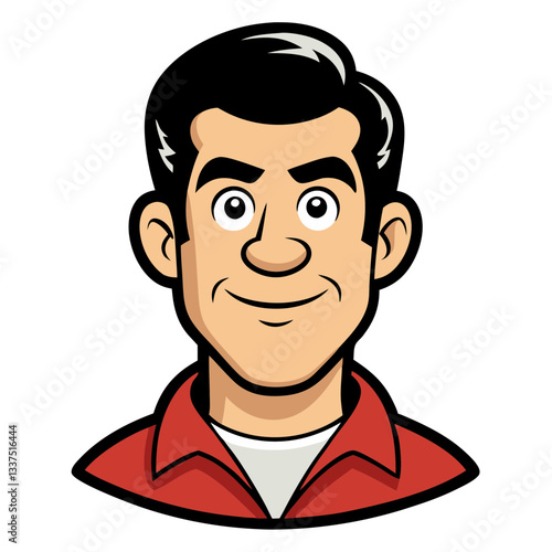 an illustration of a smiling man with black hair, wearing a red shirt. He has a friendly expression, and his face is the focus of the image