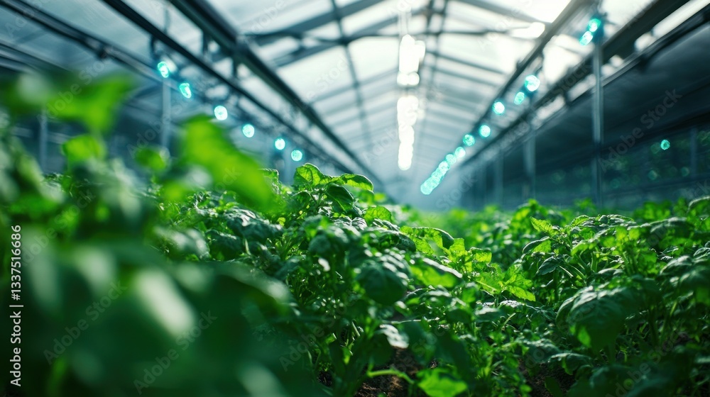 Lush green plants flourish inside a technologically advanced greenhouse Lush green plants flourish inside a technologically advanced greenhouse