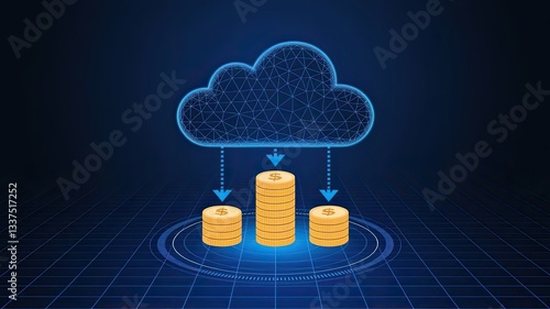 Abstract digital cloud with arrows up and down and dollar coins tower. Cloud mining or digital investment technology concept. Low poly wireframe vector illustration in futuristic hologram blue style 