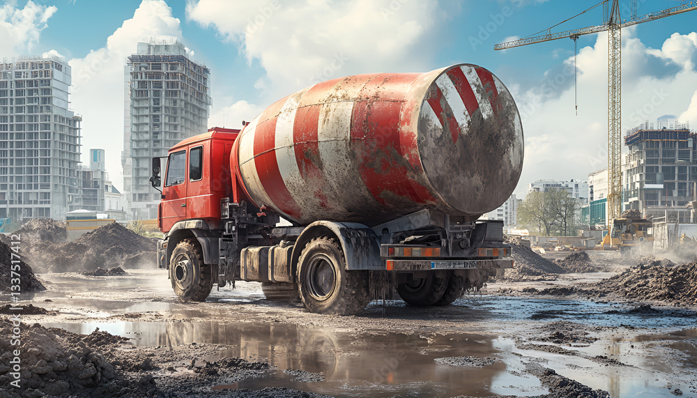 Large concrete mixer truck pouring cement at construction site. concept of urban development, heavy machinery, industrial construction, and infrastructure projects Large concrete mixer truck pouring cement at construction site. concept of urban development, heavy machinery, industrial construction, and infrastructure projects