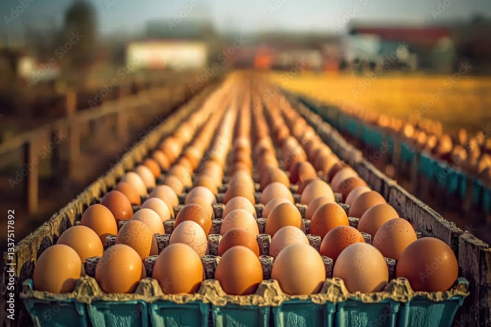 Naklejka premium Rows of farm-fresh eggs stretch into the distance, showcasing the abundance of a working farm and the simple beauty of natural food production.