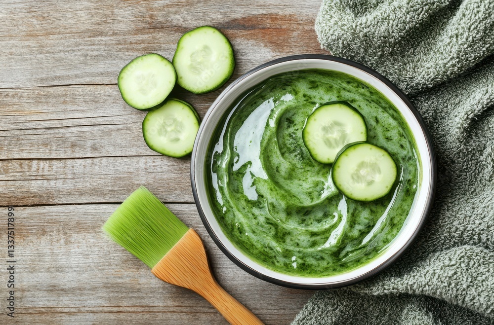 Refreshing Cucumber Face Mask in a Bowl on Wooden Table with Green Towel and Brush for Skin Care and Beauty Treatment Concepts Refreshing Cucumber Face Mask in a Bowl on Wooden Table with Green Towel and Brush for Skin Care and Beauty Treatment Concepts