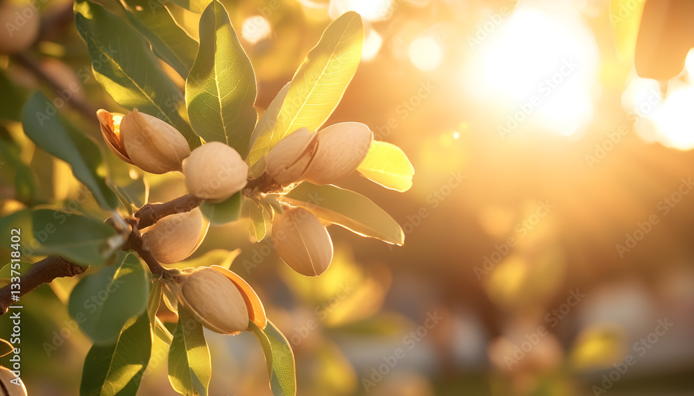 Obraz premium Close-up photo of almond branches laden with ripe almonds in soft golden sunlight. Concept of nature, agriculture, organic farming, and food production