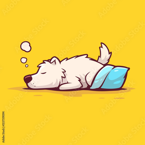 A cute cartoon white dog sleeping soundly on a blue pillow with thought bubbles on a yellow background.