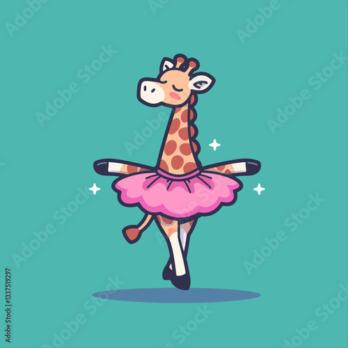 Cute cartoon giraffe wearing a pink tutu and ballet shoes, dancing gracefully on a teal background with sparkles.