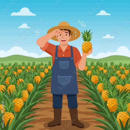 Farmer Holding Pineapple After Harvesting on Sunny Tropical Fruit Farm