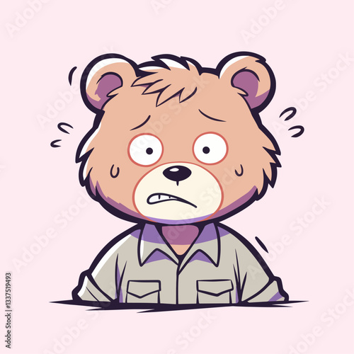 A cartoon illustration of a worried and sweating bear character with wide eyes, looking anxious.