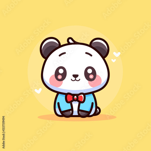Adorable cartoon baby panda with big eyes and rosy cheeks wearing a blue jacket and red bow tie on a yellow background with small hearts.