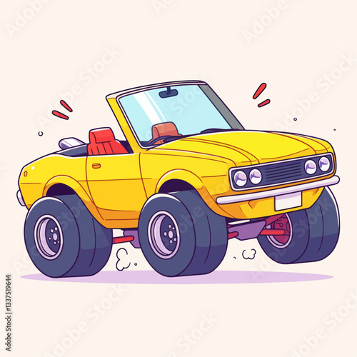 A vibrant yellow cartoon convertible car with oversized monster truck wheels and red interior, bouncing slightly.