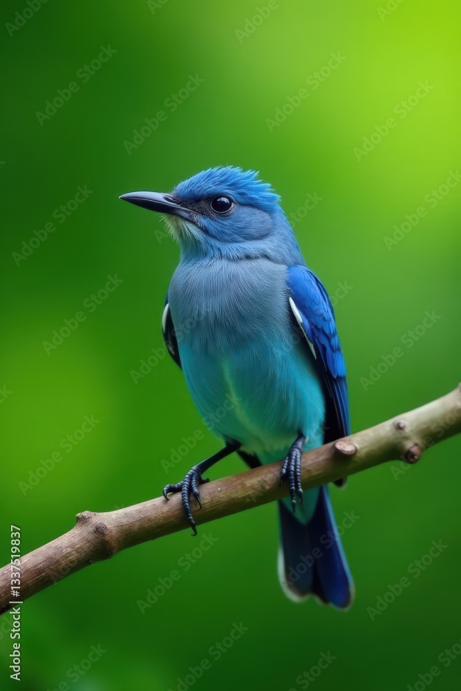 Fototapeta premium Azure bluebird on green branch, soft focus background, bright, soft, foliage