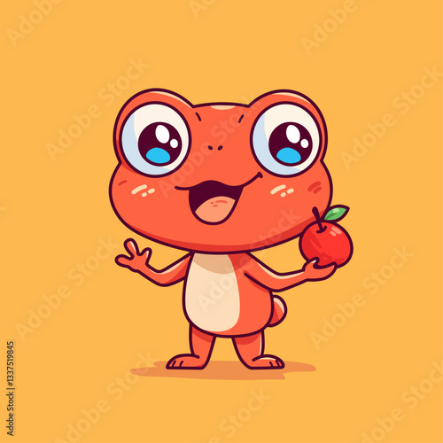 A cute cartoon orange frog with big eyes happily holding a red apple against a warm yellow background.