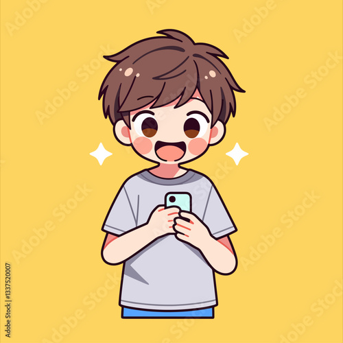 A happy, cute cartoon boy with brown hair smiling widely while holding and looking at his smartphone with excitement on a yellow background.