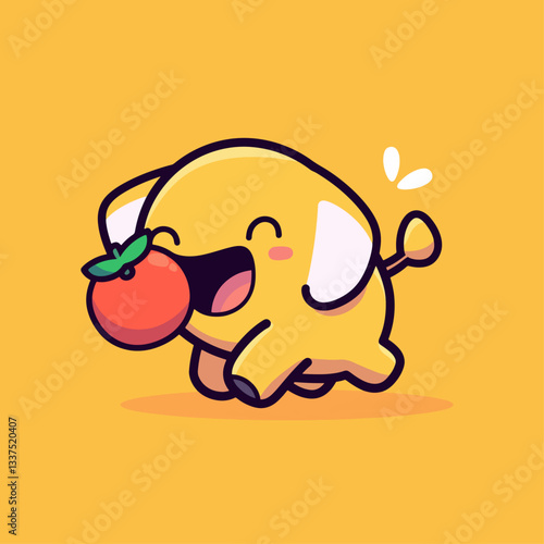 Adorable yellow cartoon animal happily eating a fresh red tomato on a vibrant orange background.