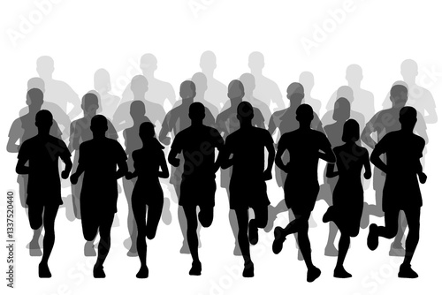 Silhouette of crowd of young people running, morning jogging, isolated icon on white background.