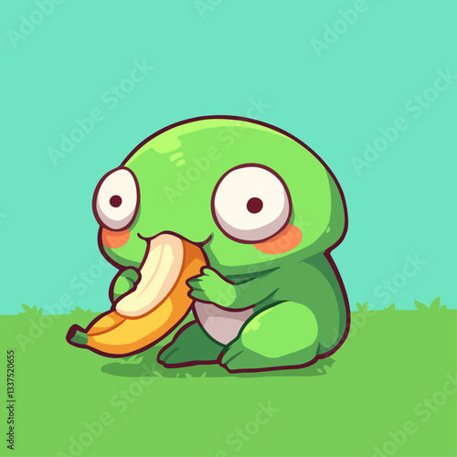 A cute, chubby green cartoon frog with big eyes happily eating a yellow banana on a green background.