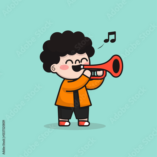 A cute cartoon boy with curly hair happily playing a red trumpet, with musical notes floating in the air on a light blue background.
