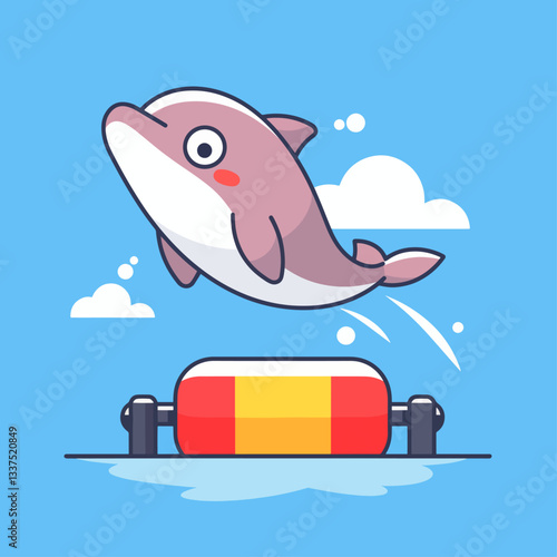A cute cartoon pink dolphin jumping over a red and yellow buoy in blue water with white clouds.