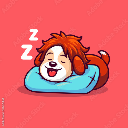 A cute cartoon dog with shaggy brown hair happily sleeping on a blue pillow with ZzZ symbols on a red background.