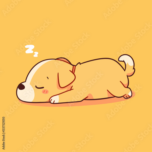 A cute cartoon golden retriever puppy sleeping peacefully on a yellow background with zzz above its head.