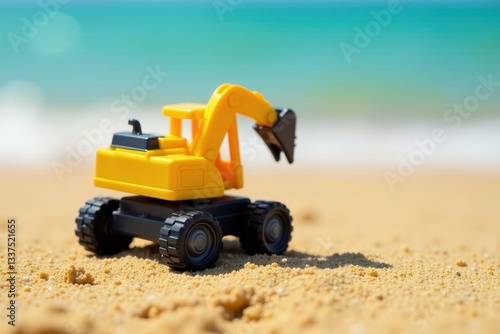 Bright yellow toy excavator on golden sand beach Copy space above , sea, children's toy, kid's toy