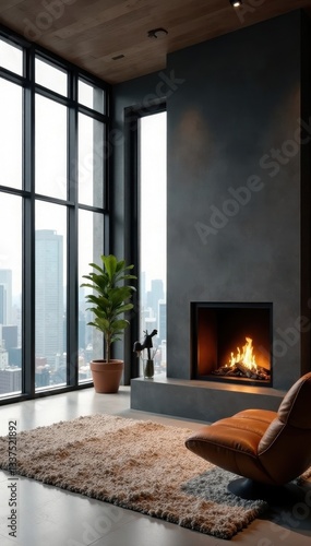 Expansive windows, minimalist fireplace, sophisticated penthouse interior, real estate, glass, chic