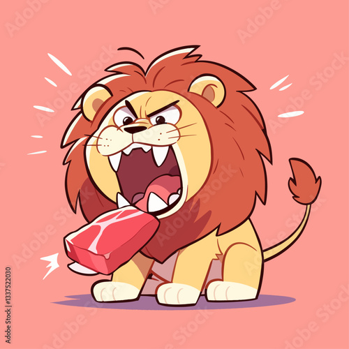 A cute cartoon lion with a big mane roaring fiercely while holding a piece of raw red meat.