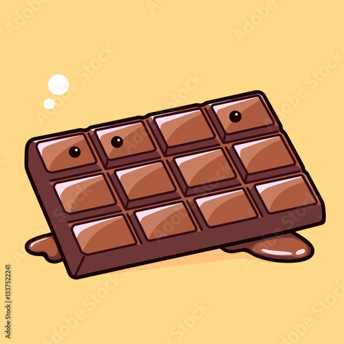 Cartoon illustration of a delicious brown chocolate bar melting on a light yellow background, with shiny segments and small puddles.