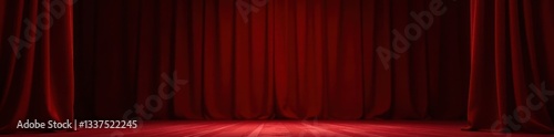Crimson velvet stage curtains, rich texture, deep shadows, show, dramatic