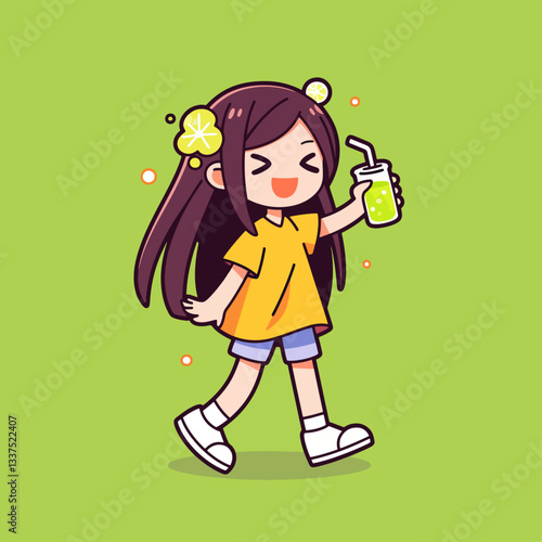 A cute cartoon girl with long dark hair, wearing a yellow shirt and blue shorts, happily walking and holding a green drink with a straw.