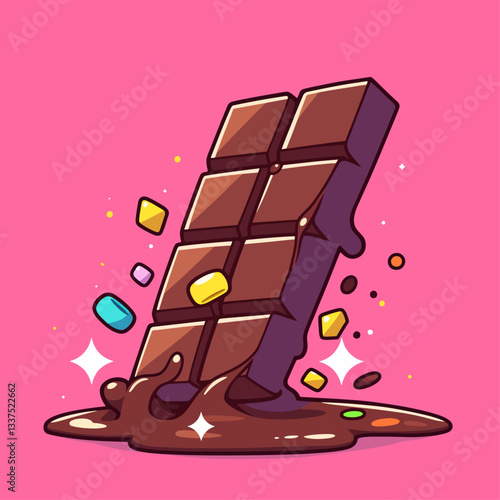 A cartoon illustration of a melting chocolate bar with colorful sprinkles on a vibrant pink background.