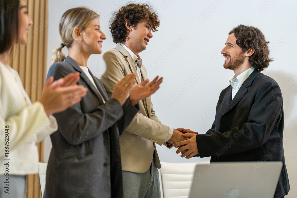 Multiracial team collaborating in modern office, diverse colleagues shaking hands during a business meeting, teamwork success, partnership agreement, professional collaboration multicultural workplace Multiracial team collaborating in modern office, diverse colleagues shaking hands during a business meeting, teamwork success, partnership agreement, professional collaboration multicultural workplace
