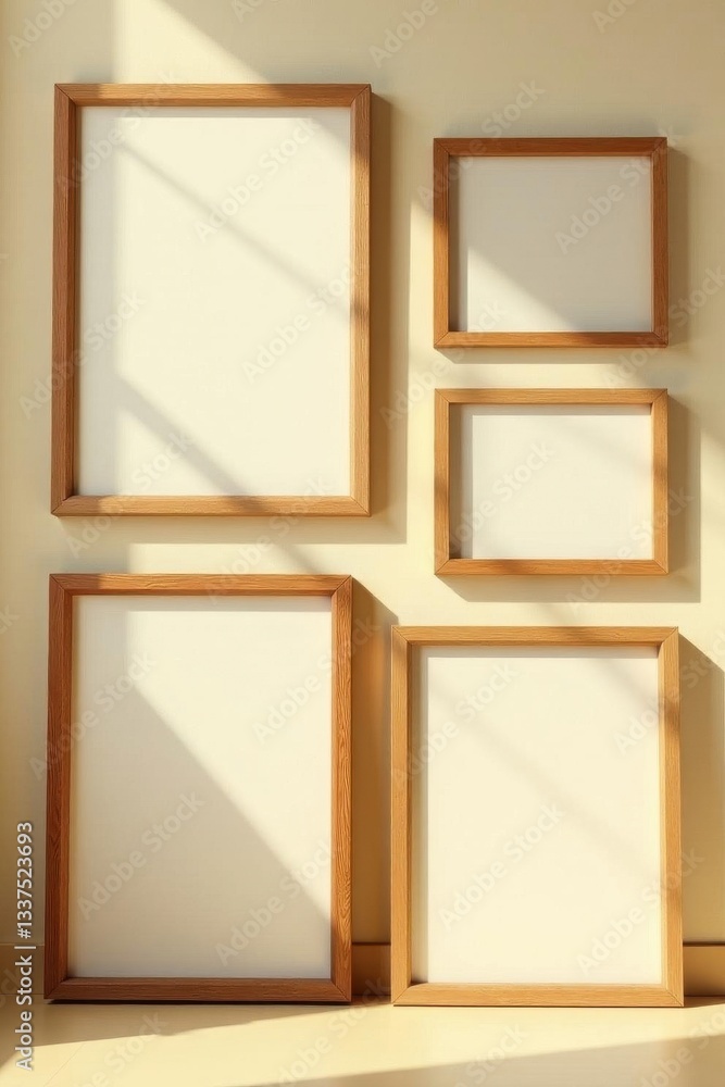 Fototapeta premium Several empty wooden picture frames against a beige wall, bathed in sunlight , photography, design