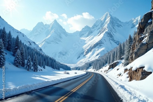 Serene alpine vista; snow-dusted road cuts through pristine peaks , adventure, untouched