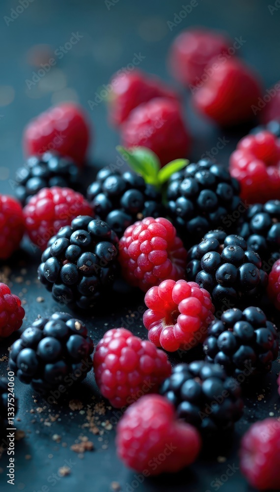 Close-up of fresh blackberries, scattered, textured background, autumn, natural Close-up of fresh blackberries, scattered, textured background, autumn, natural