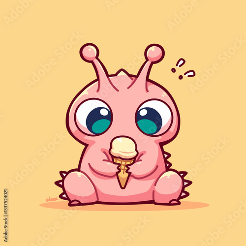 A cute pink cartoon monster with big eyes eating a vanilla ice cream cone, looking surprised on a yellow background.