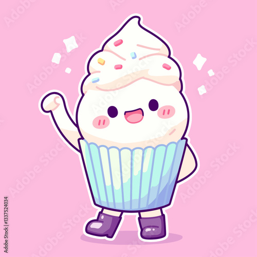 A cheerful, cute cartoon cupcake character with sprinkles, rosy cheeks, and purple boots, waving happily on a pink background.