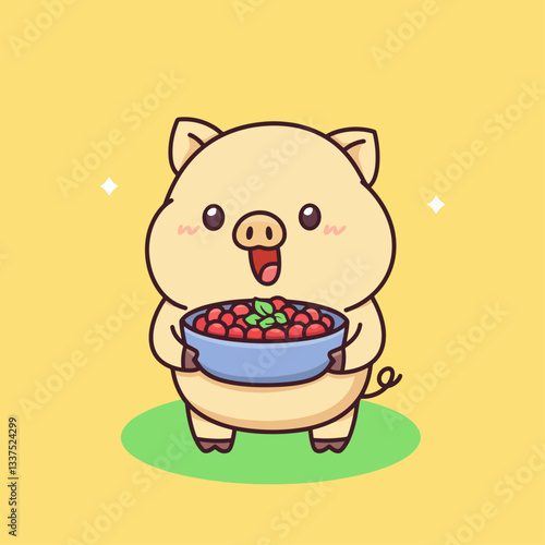 A cute cartoon pig happily holding a blue bowl filled with fresh red berries and green leaves on a yellow background.