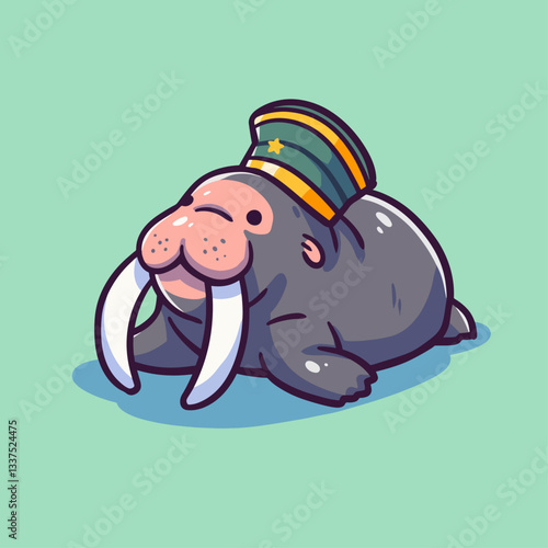 Cute cartoon walrus wearing a green military cap with a gold star on a solid light green background.