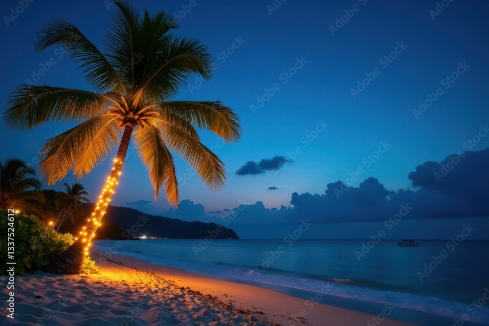 Obraz premium Solitary palm, Christmas lights, Hawaiian beach Festive tropical scene , festive lights, winter holiday, holiday