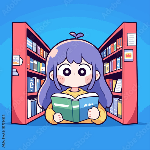 Cute cartoon girl with purple hair reading a book between two red bookshelves filled with books, on a blue background.
